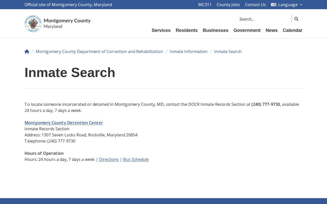 Montgomery County DOCR inmate information and roster directions
