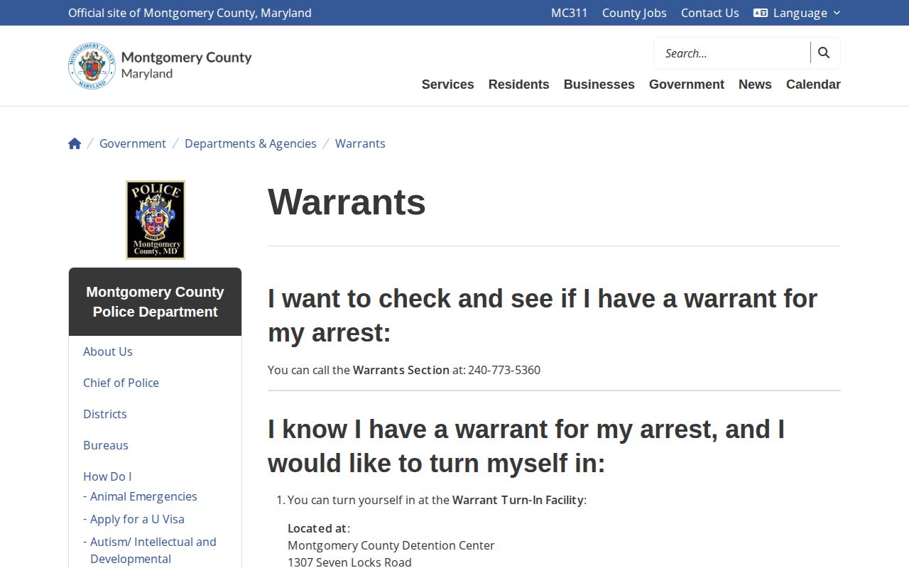 Montgomery County Police official warrant instructions and contact route